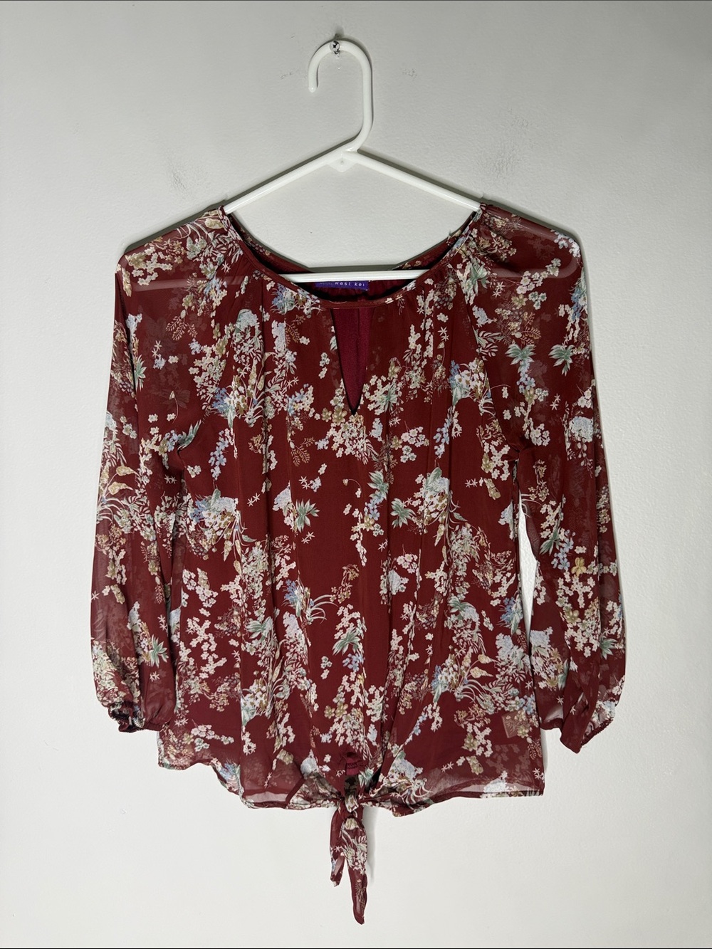 West Kei Floral Tie-Front Blouse - Burgundy & Ivory Size XS